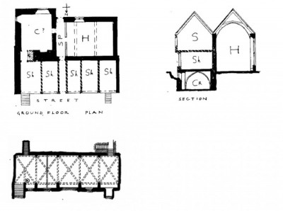 Figure 3. Pantin's interpretation of Tackley's inn showing the hall and chamber behind the cellar/shop/solar range facing the street (Pantin 1962-63, 219).